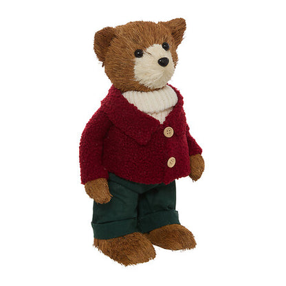 Ourson décoratif polystyrène 35 cm habillé pull rouge et pantalon vert décoration Noël traditionnelle