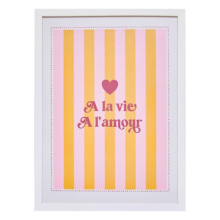 Cadre déco Amour 30x40 rose et jaune rayé avec inscription A la vie A l'amour style romantique pour chambre ou salon