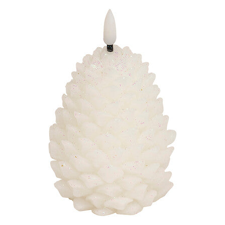 Bougie LED décorative pomme de pin blanche avec paillettes ambiance cosy hiver Noël