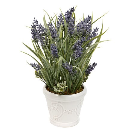 Composition florale lavande artificielle H35 cm en pot céramique blanc décoration intérieure style provençal