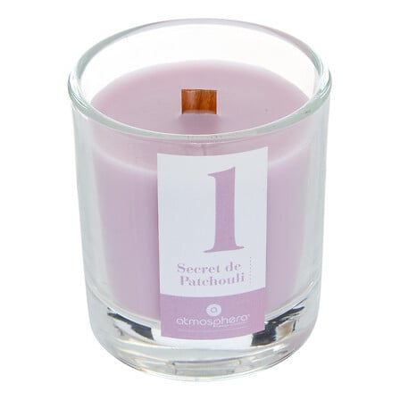 Bougie parfumée rose Secret de Patchouli mèche bois Atmosphera décoration intérieure maison 180g