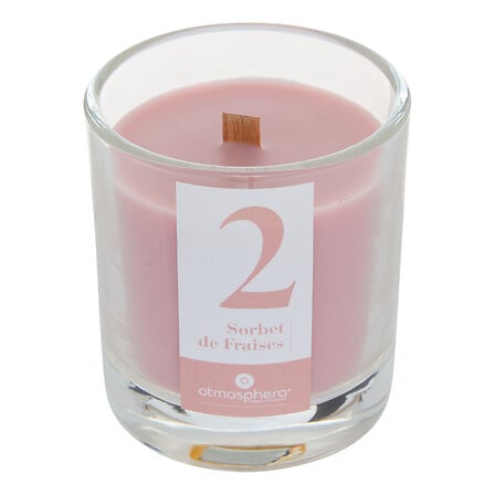Bougie parfumée rose Sorbet de Fraises Numia 180g en verre avec mèche en bois déco atmosphera