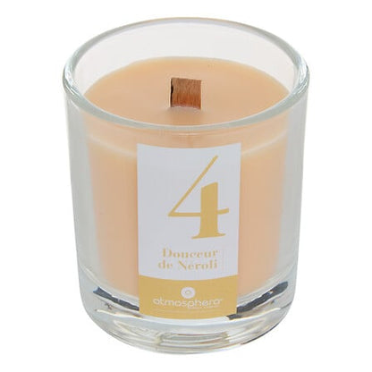 Bougie parfumée Douceur de Néroli 180g couleur pêche mèche bois dans verre transparent Atmosphera décoration intérieure