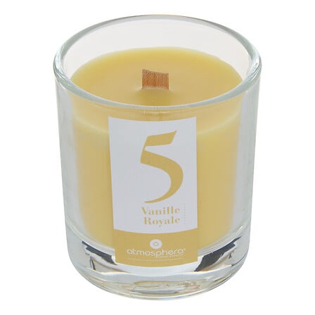 Bougie parfumée Vanille Royale Numia 180g couleur miel mèche bois verre transparent décoration intérieure atmosphera