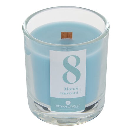 Bougie parfumée bleue Monoi enivrant 180g en verre avec mèche bois Atmosphera décoration intérieure zen