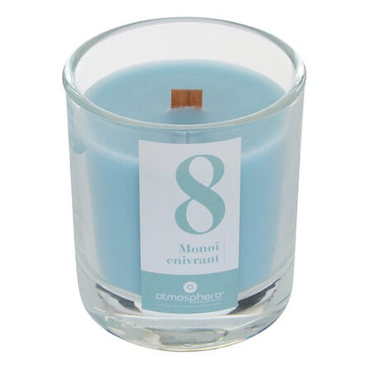 Bougie parfumée bleue Monoi enivrant 180g en verre avec mèche bois Atmosphera décoration intérieure zen