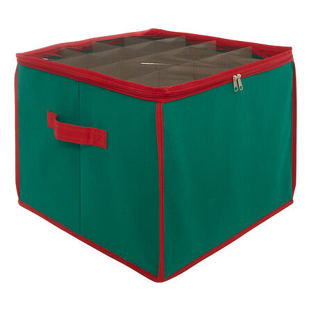 Boîte de rangement verte et rouge pour 48 boules de Noël diam 8 cm avec compartiments et poignées pratiques