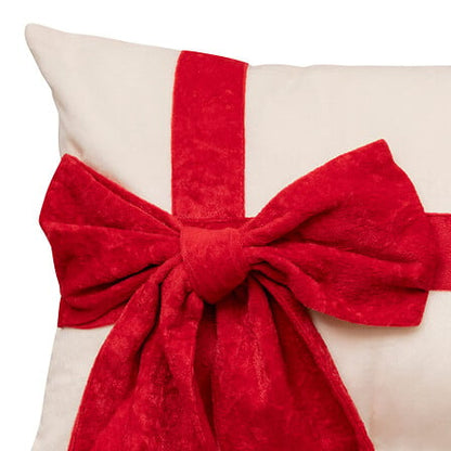 Coussin décoratif blanc avec nœud velours rouge façon paquet cadeau de Noël 30x50 cm décoration festive