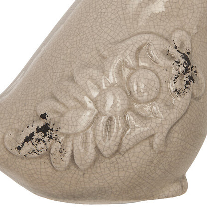 Oiseau décoratif Spring en céramique craquelée beige avec motif floral en relief style vintage shabby chic