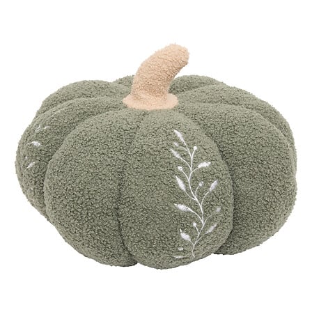 Coussin citrouille bouclette vert sauge brodé motifs feuilles blanches décoration automne cosy