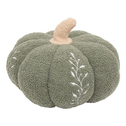 Coussin citrouille bouclette vert sauge brodé motifs feuilles blanches décoration automne cosy