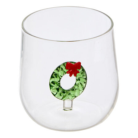 Verre transparent 40 cl collection Nelya avec couronne de Noël verte et nœud rouge décoratif déco table fêtes