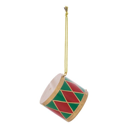 Sujet tambour décoratif 5 cm en bois motifs losanges rouge et vert décoration sapin de Noël traditionnelle