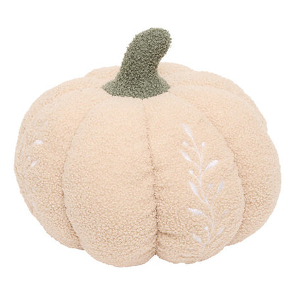 Coussin citrouille bouclette beige avec broderie florale blanche et tige verte décoration automne cosy