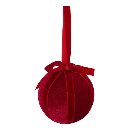 Boule de Noël velours rouge avec ruban satin décoration sapin festive diamètre 8 cm
