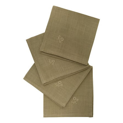 Lot de 4 serviettes de table vertes kaki brodées motif floral 40x40cm en lin pour décoration table élégante