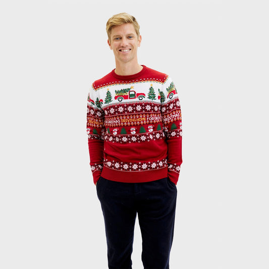Pull de Noël rouge mixte motifs jacquard camion sapin et flocons, col rond, style driving home for Christmas