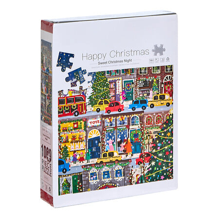 Puzzle de Noël 1000 pièces scène village enneigé illuminé avec sapins et boutiques festives décoration Noël