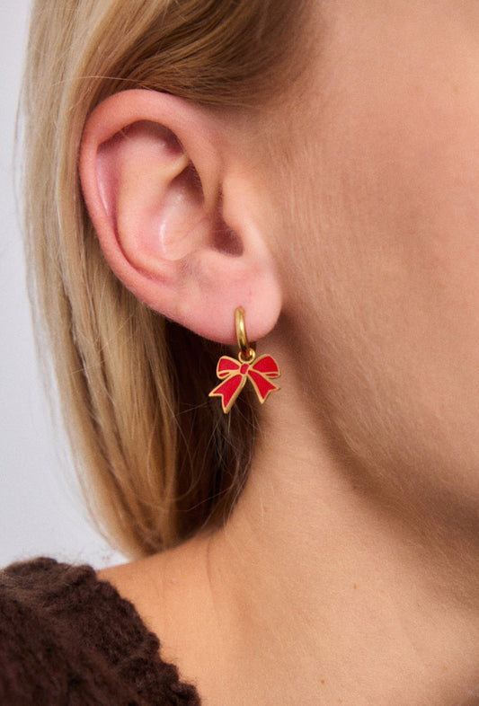 Boucles d’oreilles Nœud Rouge – Bijou festif doré