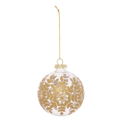 Boule de Noël en verre transparent avec motifs flocons et feuilles dorées pailletées décoration sapin élégante diam 8 cm