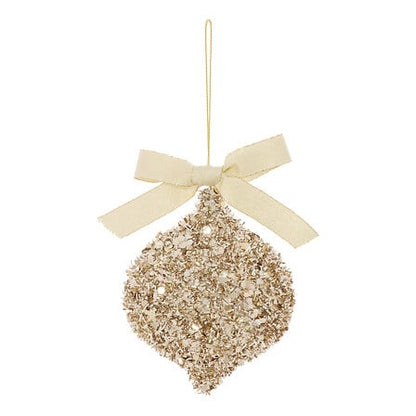 Suspension de Noël forme goutte dorée brillante avec nœud en ruban crème décoration sapin festive