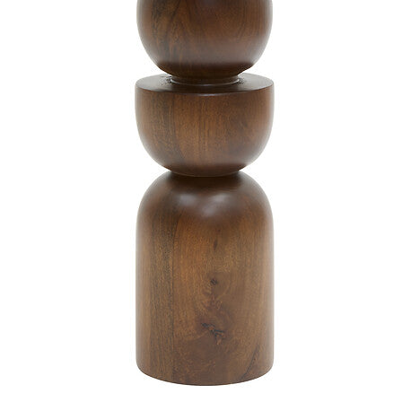 Table café totem Shelty en bois de manguier massif finition noyer, pied sculpté forme organique empilée diam 38 cm