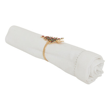 Rond de serviette sapin de Noël doré avec strass multicolores sur serviette blanche, déco table Noël élégante