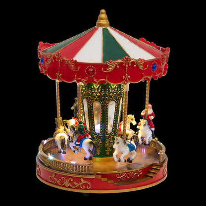 Manège de Noël LED musical rouge et doré avec chevaux rotatifs décoration village de Noël animé