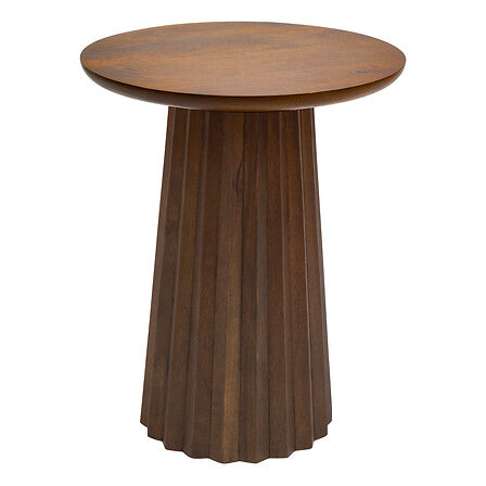 Table café ronde Shelty en bois de manguier massif avec pied totem cannelé finition noyer diamètre 38 cm style déco naturelle