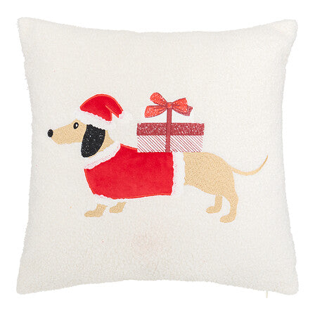 Coussin sherpa blanc cassé motif teckel habillé Père Noël avec cadeau rouge déco de Noël 40x40 cm