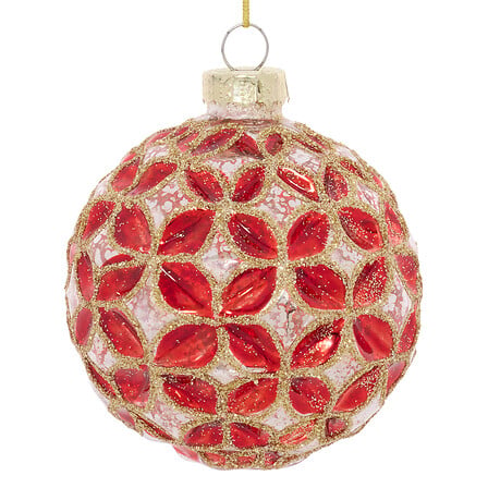 Boule de Noël en verre rouge motif pétales avec détails dorés pailletés décoration sapin festive diamètre 8 cm