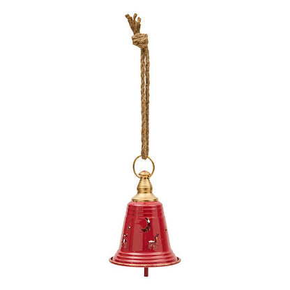 Cloche de Noël en métal rouge à suspendre avec corde en jute et finition dorée vintage hauteur 17 cm décoration festive