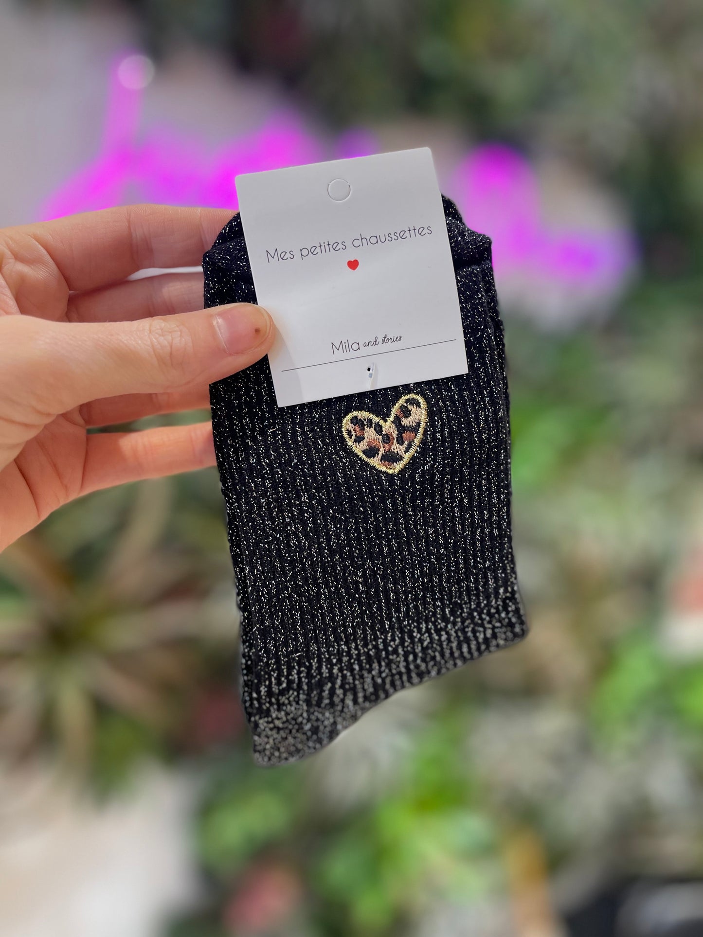 Chaussettes à paillettes – Motif cœur léopard