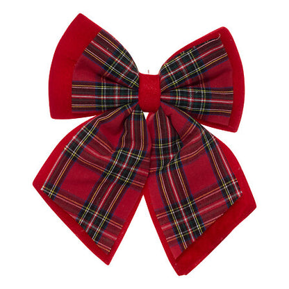 Nœud décoratif tartan écossais rouge et vert avec bordure velours rouge décoration Noël traditionnelle 24x19 cm