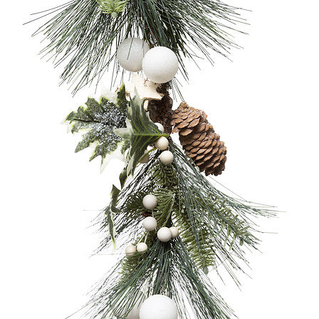 Guirlande déco Noël naturelle 1m avec branches pin, pommes de pin et boules blanches style scandinave