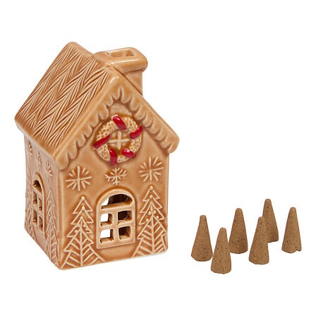 Brûleur encens maison céramique beige décor sapin et sucre d'orge avec cônes encens déco Noël artisanale