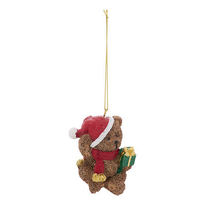 Sujet décoratif ourson de Noël en résine 6 cm avec bonnet rouge et cadeau décoration sapin festive