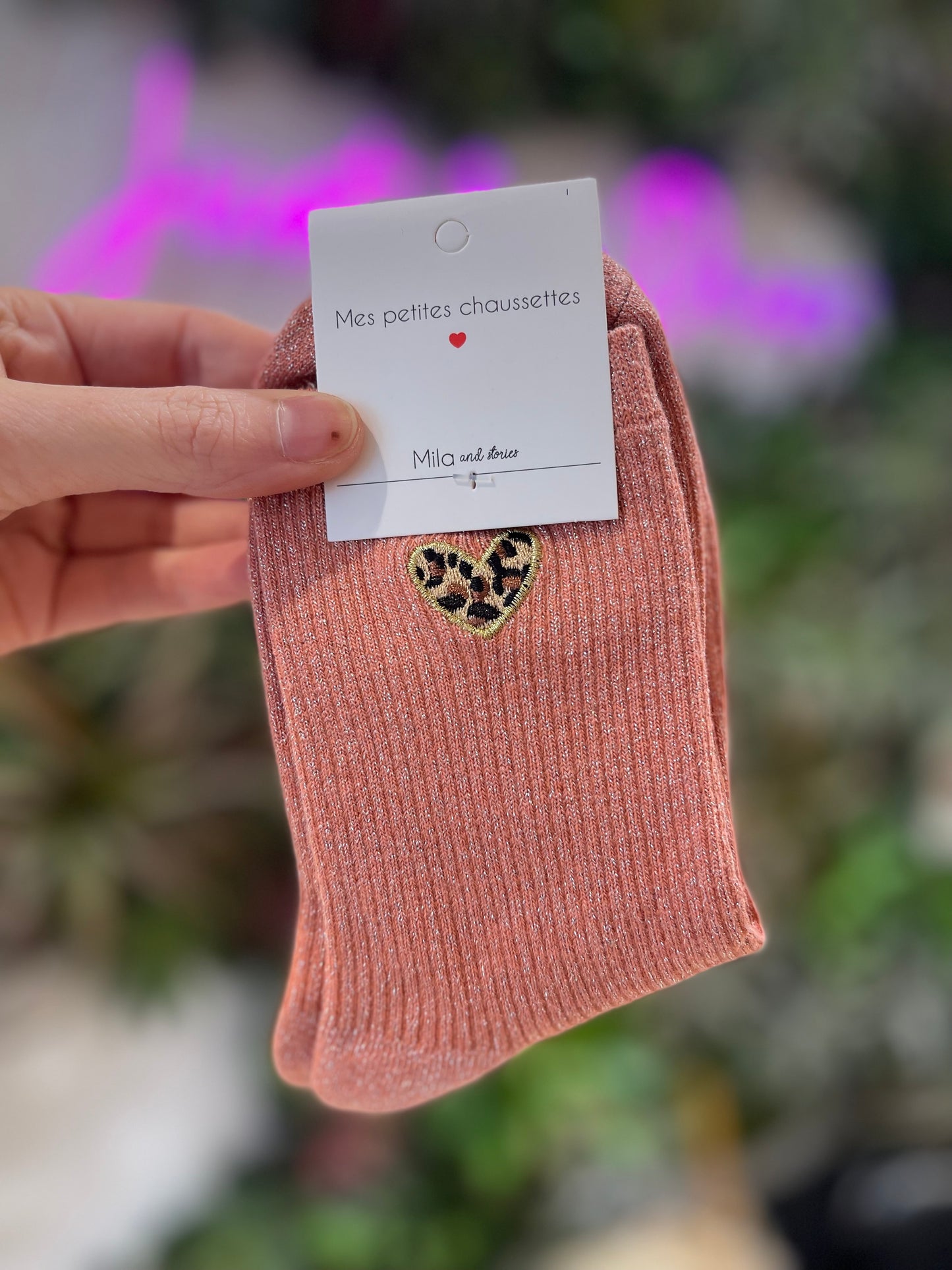 Chaussettes à paillettes – Motif cœur léopard