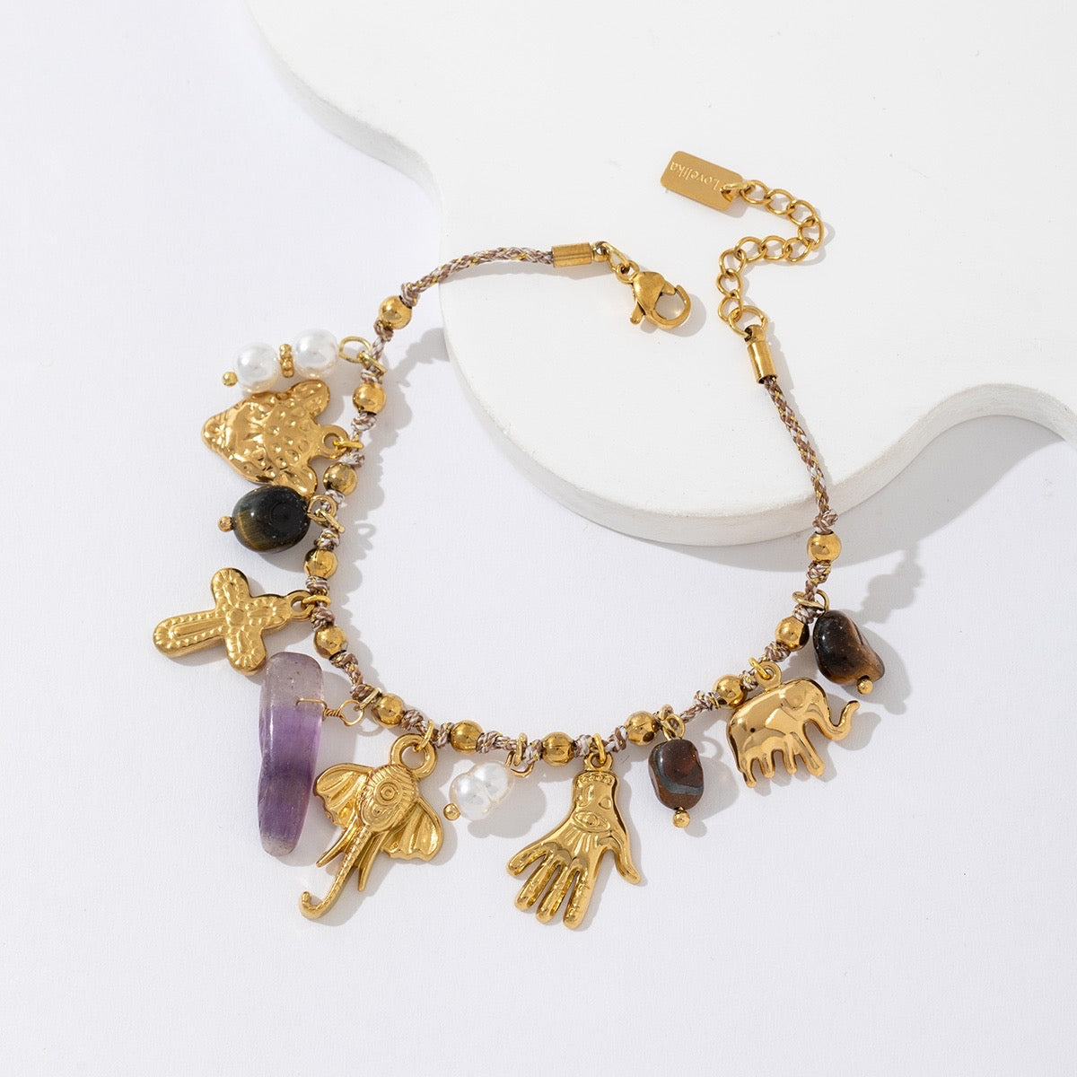 Bracelet charms dorés et pierres naturelles