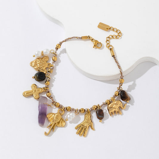 Bracelet charms dorés et pierres naturelles