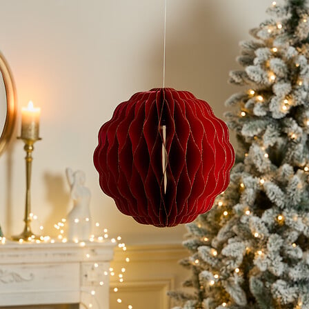 Suspension boule Pallo rouge en papier alvéolé 30 cm décoration sapin de Noël élégante