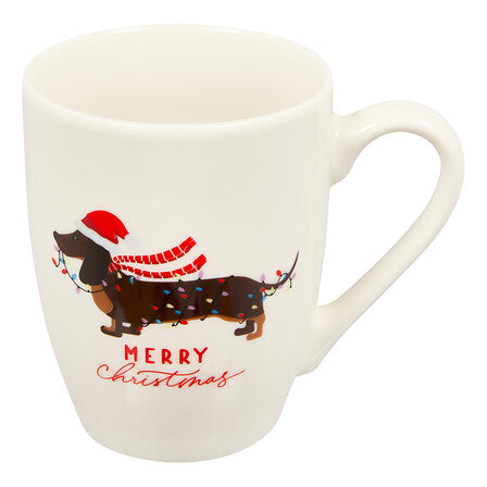 Mug blanc décoration Noël motif chien teckel bonnet rouge guirlande lumineuse Merry Christmas idée cadeau fêtes