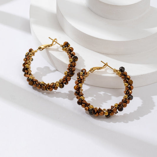 Boucles d’oreilles créoles dorées et perles marron