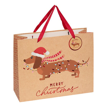 Sac cadeau kraft beige imprimé teckel de Noël avec bonnet père Noël et guirlandes lumineuses décoration fêtes