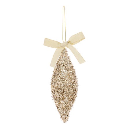 Suspension de Noël forme olive pailletée dorée avec nœud en ruban champagne décoration sapin festive