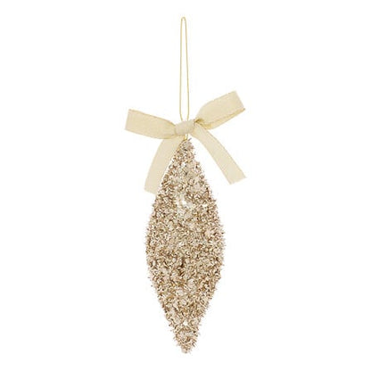 Suspension de Noël forme olive pailletée dorée avec nœud en ruban champagne décoration sapin festive