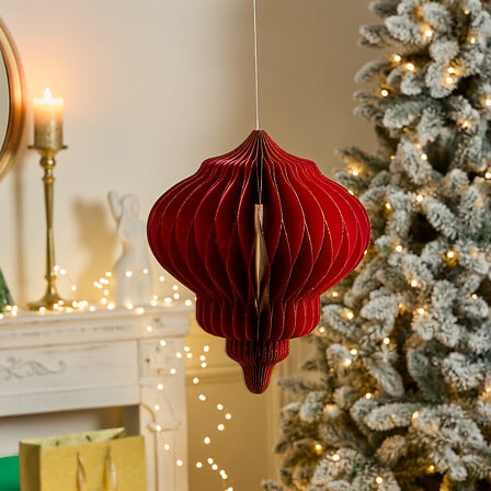 Suspension décorative Pallo en papier rouge alvéolé forme lanterne 30 cm décoration sapin Noël traditionnelle
