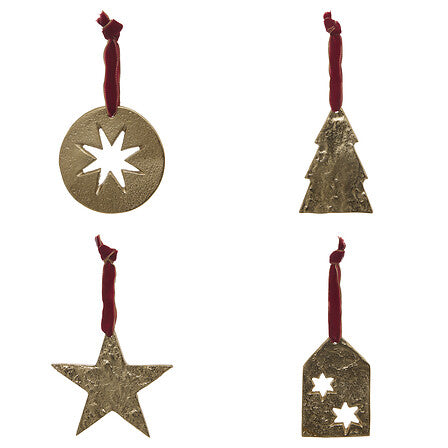 Lot de 4 sujets décoratifs métal doré étoile sapin et boule avec ruban bordeaux décoration Noël artisanale