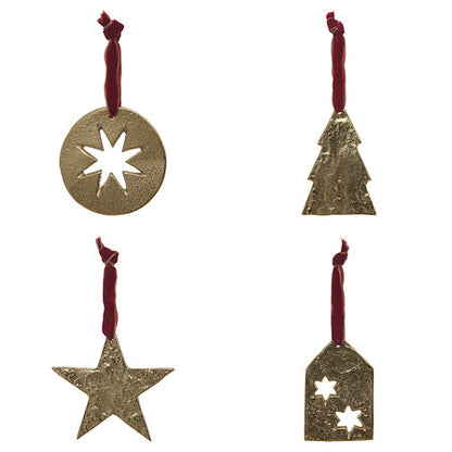 Lot de 4 sujets décoratifs métal doré étoile sapin et boule avec ruban bordeaux décoration Noël artisanale
