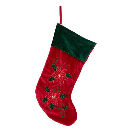 Botte de Noël rouge velours brodée poinsettia avec revers vert sapin décoration festive traditionnelle